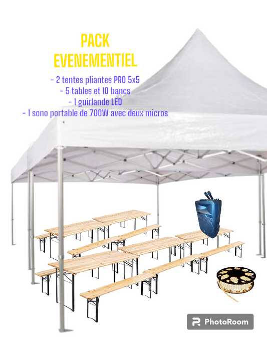 🎉 Pack événementiel clé en main – 2 tentes 5x5, tables et bancs, éclairage et sono 🎉 LOC 360